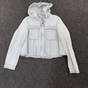 Free People Jacket Women's XS Light Blue Hooded Raw Hem Cropped Denim